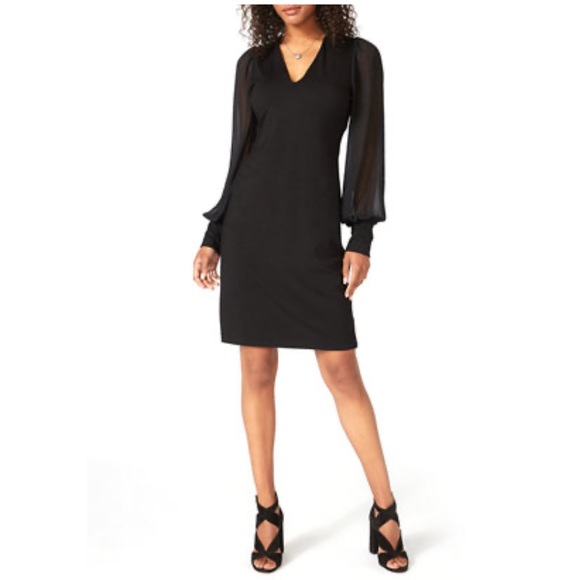 Karen Kane Sheer Blouson Sleeve Dress. - Picture 1 of 13